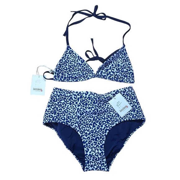 NWT Lemlem Navy Blue Leopard Halima Triangle String Top & High Waist Bottom - Picture 1 of 5